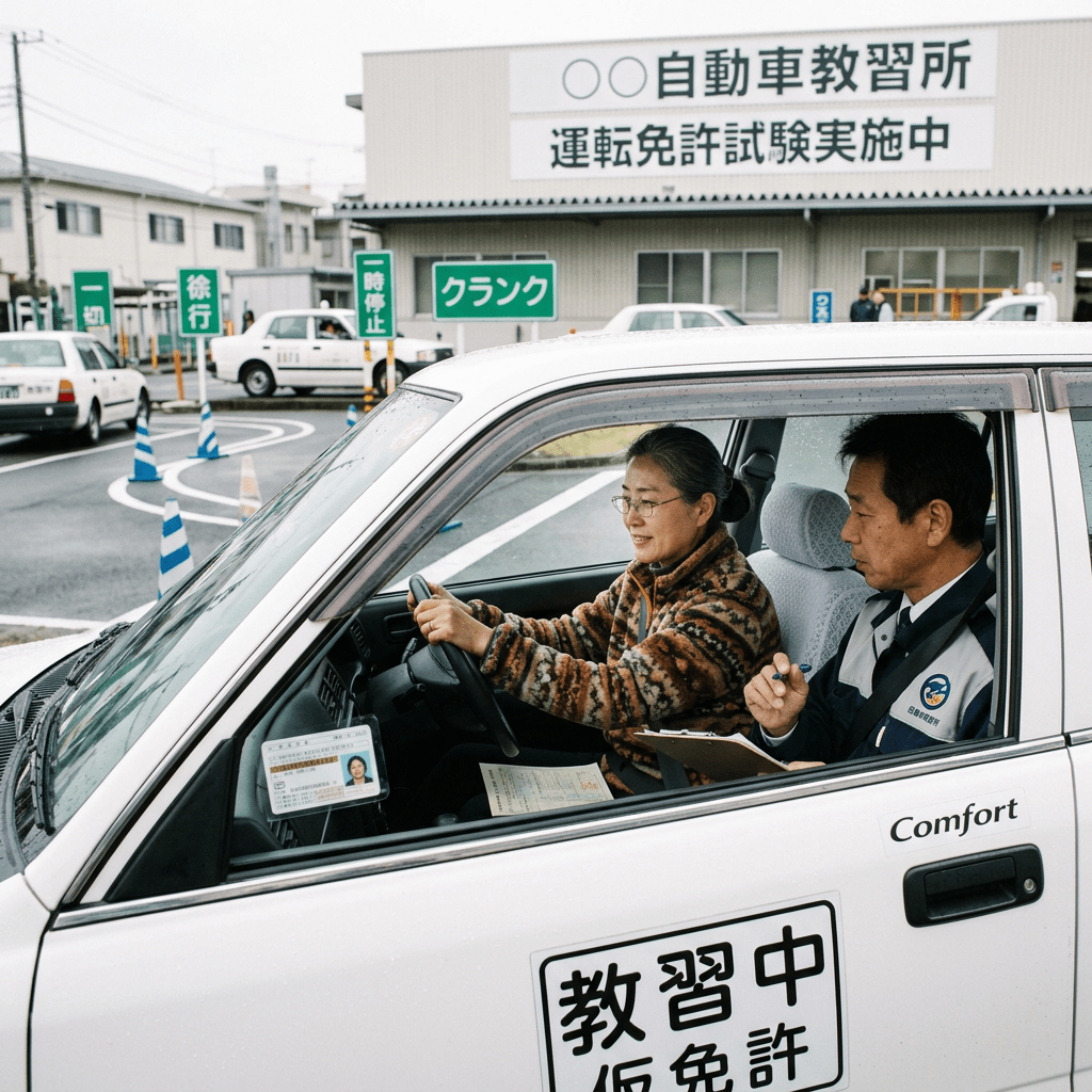 Woman learning to drive with instructor in a white training car in Japan
