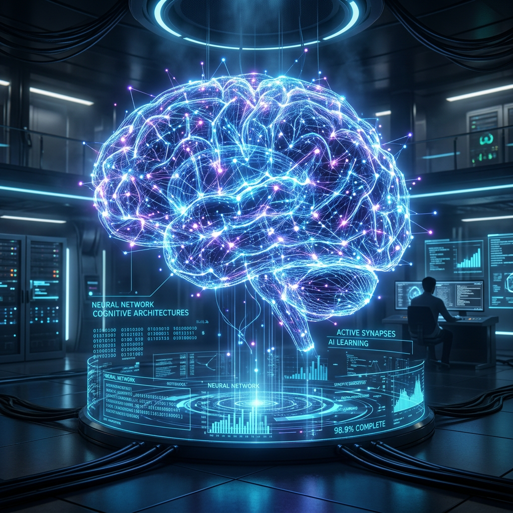 Holographic brain model with neural network connections and data visualizations in a high-tech lab