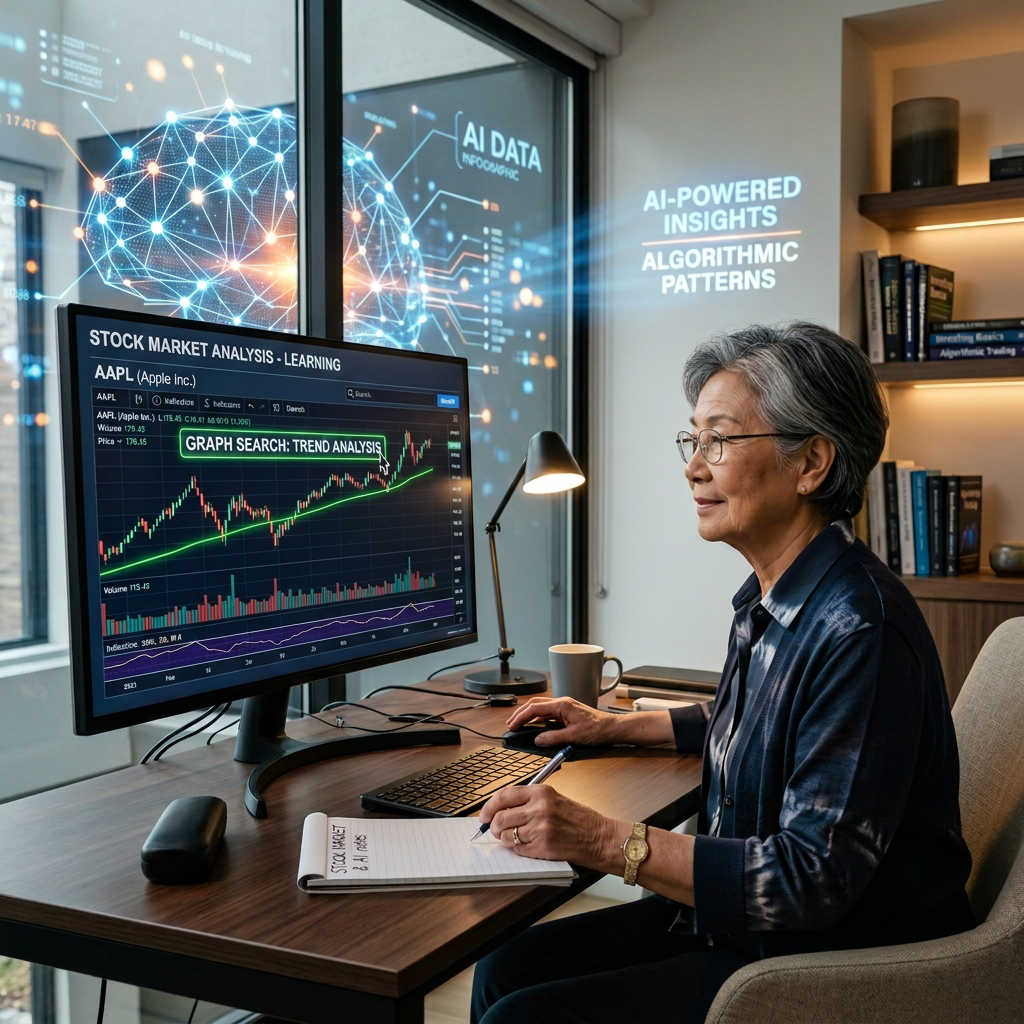 Older woman analyzing Apple stock market trends on computer with AI data visualizations